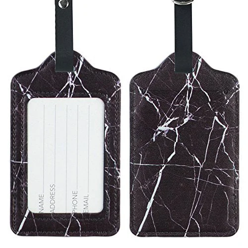 suitcase with TSA lock-Lizimandu Pu Leather Luggage Tags Suitcase Labels Bag Travel Accessories - Set Of 2(Marble_Black)