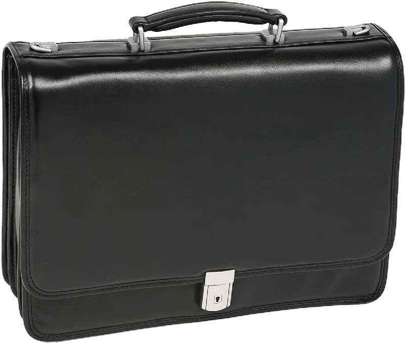 classic leather briefcase with brass hardware details -Mcklein I Series River North Leather Triple Compartment Briefcase