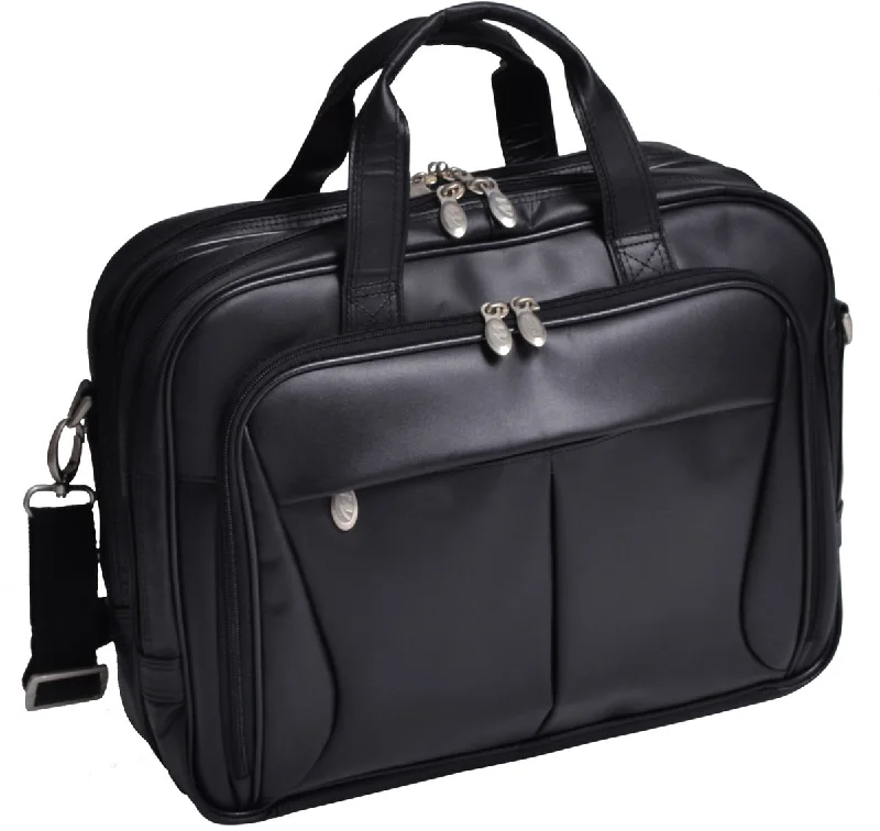 briefcase with reinforced corners for extra durability -Mcklein R Series Pearson Leather Expandable Dbl Compartment Briefcase