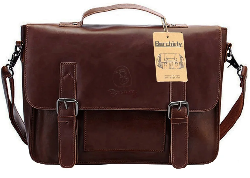 vintage-inspired briefcase for professionals -Men Briefcase Tote, Berchirly Vintage PU Leather Laptop Shoulder Messenger Bag for 14inch laptop