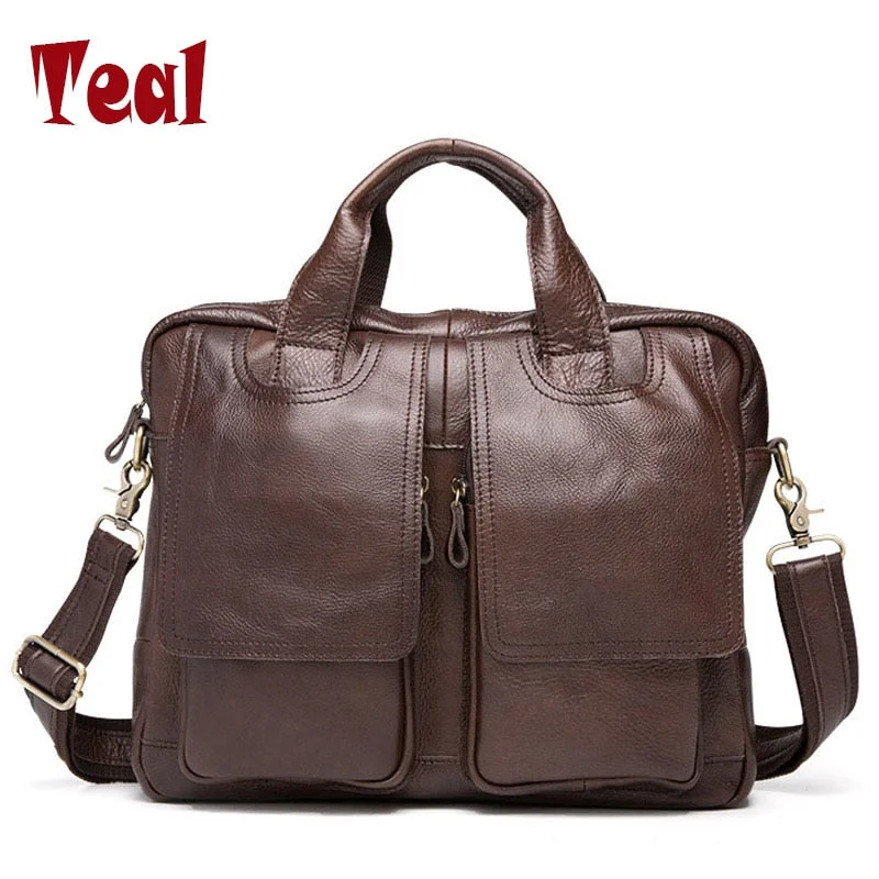 eco-friendly briefcase with non-toxic, sustainable leather -Men Genuine Leather Bag Business Tote Briefcases Messenger Bag Horse Leather Famous Brands High