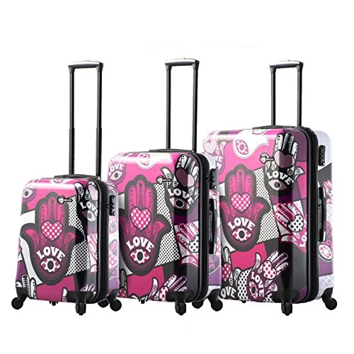 suitcase with premium material finish-Mia Toro Italy Hamsa Love Monochrome Hard Side Spinner Luggage 3Pc Set, Pink