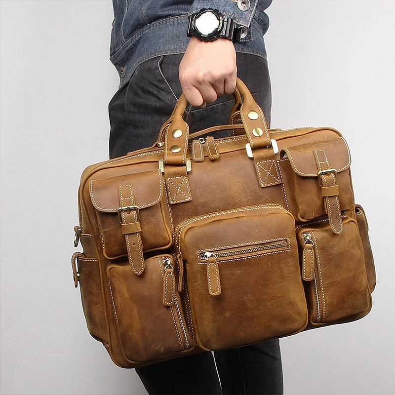 briefcase for storing multiple laptops and work equipment -Nesitu Large Big Vintage Brown Thick Genuine Crazy Horse Leather Men Travel Bags Male Briefcase