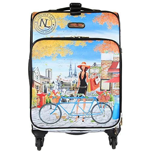 suitcase with lockable zippers-Nicole Lee Women'S 20" 4 Wheels Expandable Carry-On Luggage Paris City Print, Bicycle