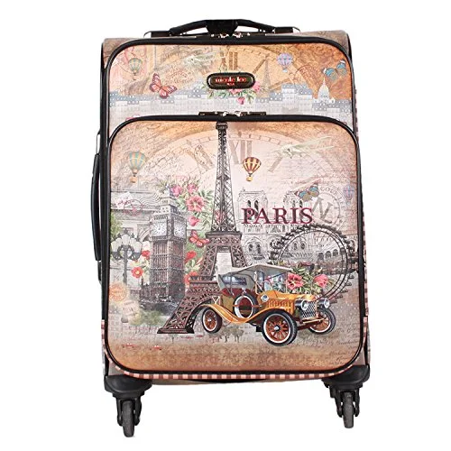 suitcase for airline cabin luggage-Nicole Lee Women'S 20" Carry-On 4 Wheels Luggage Camel Eiffel Tower Paris Print, Barroquil Europe