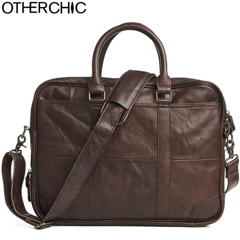 sleek leather briefcase with room for gadgets and office tools -Otherchic Men Portfolios Genuine Leather Brand Briefcase 14" Laptop Business Messenger Bag