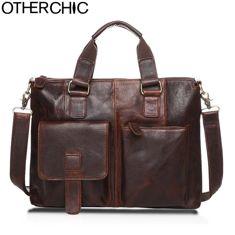 compact briefcase for professionals on the go -Otherchic14" Real Leather Document Briefcase Retro Men Business Bags Mens Handbags Genuine Cow