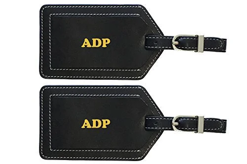 suitcase with large interior capacity-Personalized Monogrammed Black Leather Luggage Tags - 2 Pack