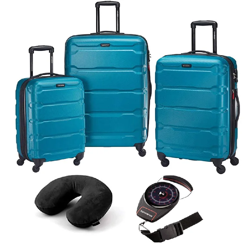 suitcase with heavy-duty carrying straps-Samsonite 68311-2479 Omni Hardside Luggage Nested Spinner Set (20 Inch, 24 Inch, 28 Inch) - Caribbean Blue Bundle with Microbead Neck Pillow with Travel Pouch and Manual Luggage Scale