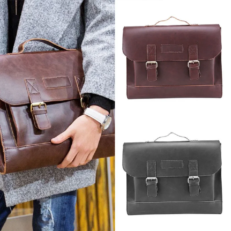 vintage-inspired leather briefcase with premium details -<Ship From Us>Leather Briefcase Satchel 14-13.3'' Laptop Bag Shoulder Messenger Bag Men Women