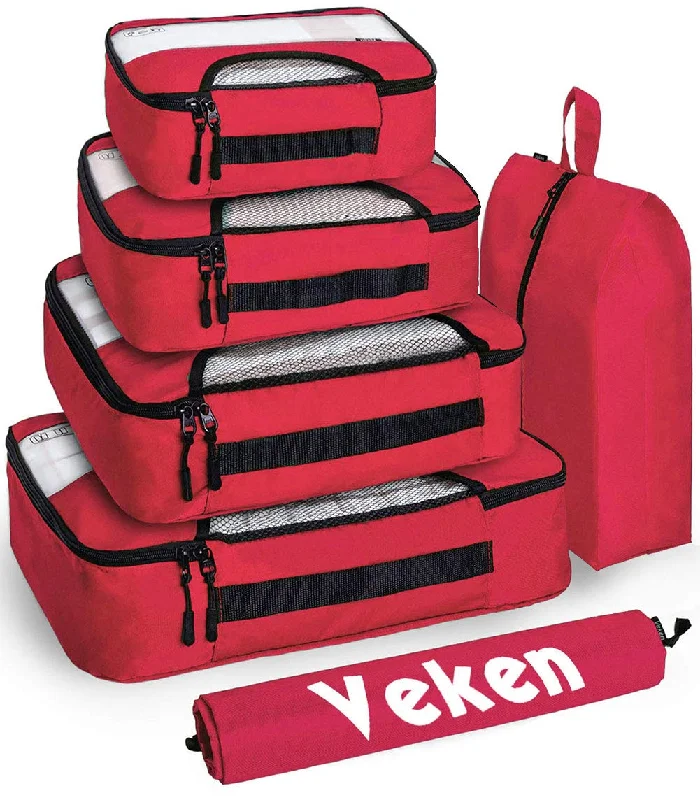 suitcase for business class travelers-Veken 6 Set Packing Cubes, Travel Luggage Organizers with Laundry Bag and Shoe Bag(Red)