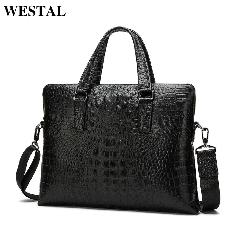 luxury briefcase with built-in document organizer for business professionals -Westal Crocodile Design Men'S Briefcases For Lawyer Genuine Leather Laptop Bag 14 Messenger Bag Men