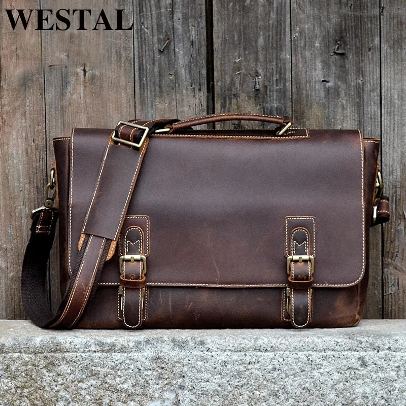 briefcase with internal organizer for writing instruments and notes -Westal Genuine Leather Briefcase Fashion Handbags For Man Documents Bag For Men Travel Bags Men