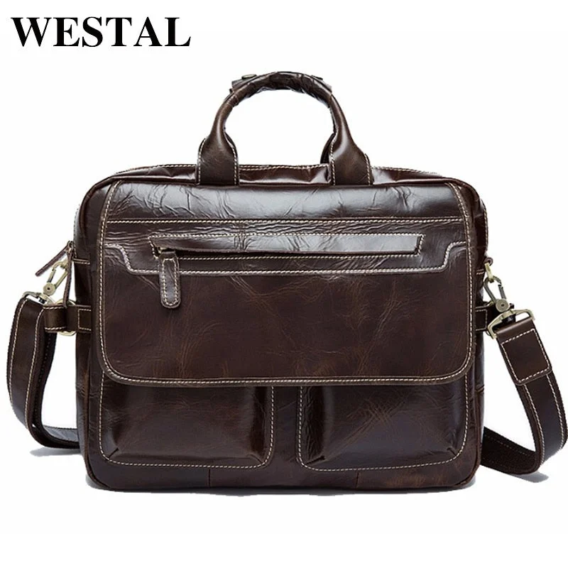 slimline leather briefcase for minimalist professionals -Westal Leather Men Briefcase Portfolio Handbags Tote Bags Shoulder Messenger Bags Genuine Leather