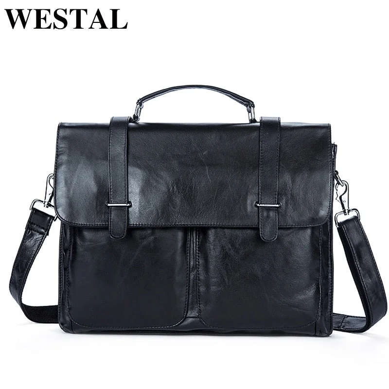 spacious business briefcase with additional interior storage -Westal Messenger Bag Men'S Briefcases Document Male Bags Genuine Leather Man Leather Laptop Bags