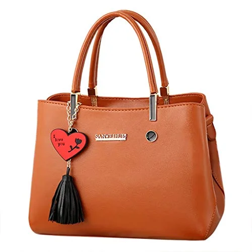 leather briefcase with zipper closure and top handle -Women's Briefcase PU Leather Crossbody Messenger Zipper Bag Shoulder Satchel Bag Detachable Strap Handbag with Heart tassel Pendant Soft Handle Tote Bag